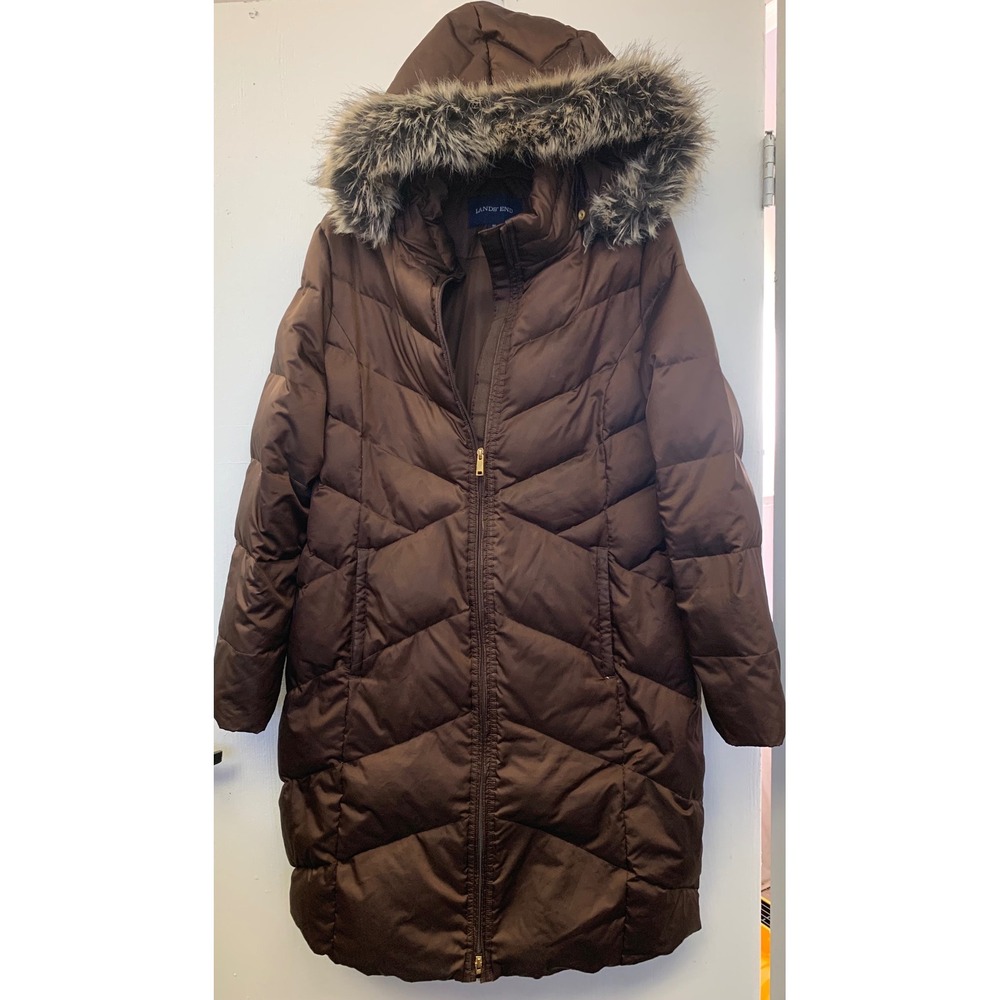 Lands End Womens XL 18 Brown Down Quilted Puffer Coat Faux Fur Hood Jacket
